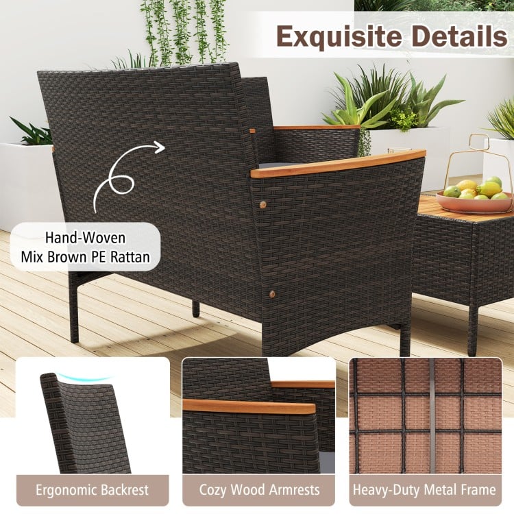 Hand-woven mix brown PE rattan armchair with acacia wood armrests, ergonomic backrest, ideal for outdoor relaxation.