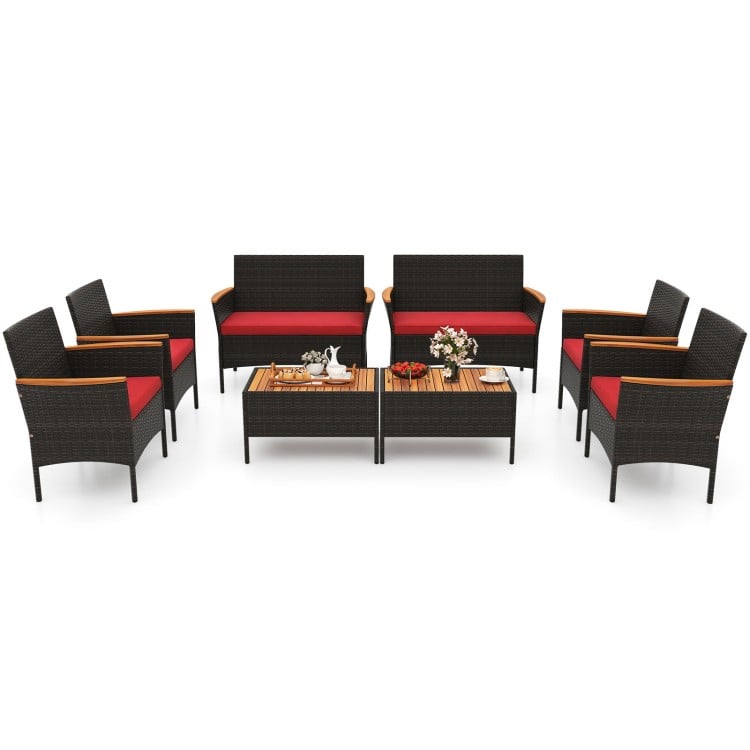 Overview of the 8 Piece Patio Wicker Sofa Set with red cushions, showcasing flexible arrangement for outdoor spaces.
