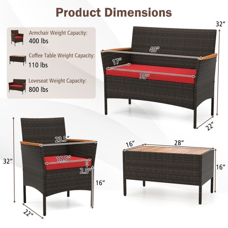 Product dimensions of the 8 Piece Patio Wicker Sofa Set, featuring robust metal frame and PE rattan for outdoor use.