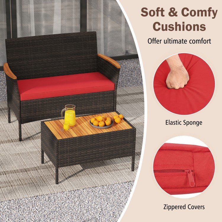 Red cushion detail of the 8 Piece Patio Wicker Sofa Set with PE rattan, acacia wood, and zippered covers for easy.