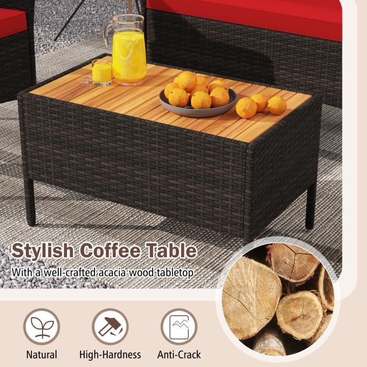 Stylish coffee table with acacia wood tabletop and PE rattan, perfect for outdoor patio use and relaxation.