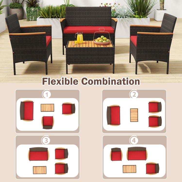 8-piece patio wicker sofa set featuring 4 rattan chairs, 2 loveseats, and 2 tables with red cushions for outdoor.