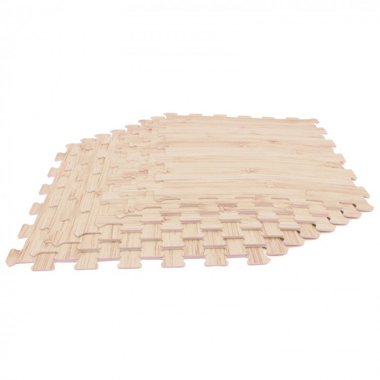 Interlocking EVA foam floor tiles with realistic wood texture, ideal for customizable coverage in living rooms and gyms.