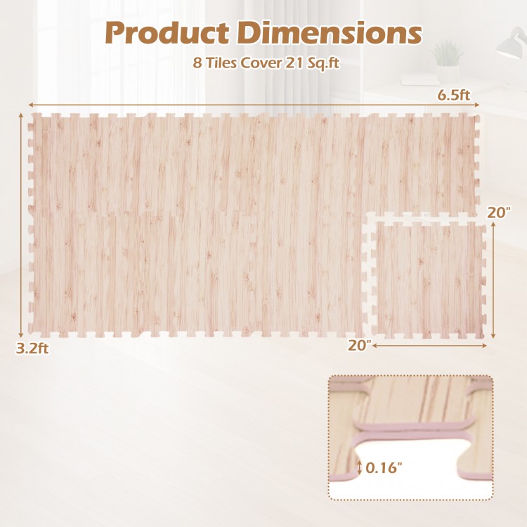 EVA foam floor tiles with wood texture, 8 pieces covering 21 sq. ft., ideal for living rooms and gyms.