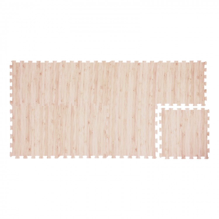 EVA foam floor tiles with wood texture, featuring interlocking joints for customizable coverage, ideal for living rooms.