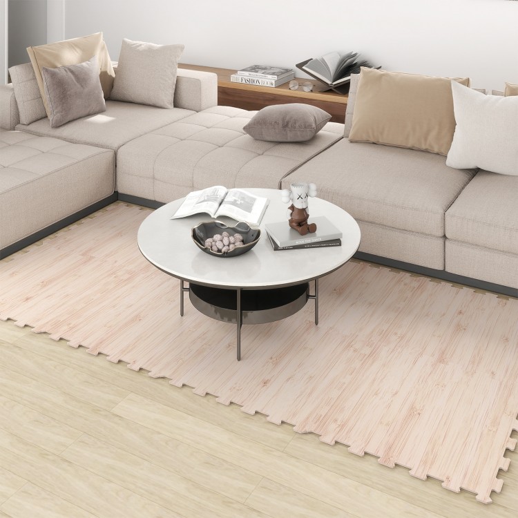 EVA foam floor tiles with wood texture, featuring interlocking design for customizable coverage in living rooms or.