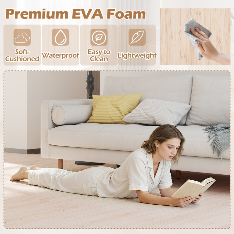 8 pieces of interlocking EVA foam floor tiles with wood texture, waterproof and easy to clean, ideal for living rooms.