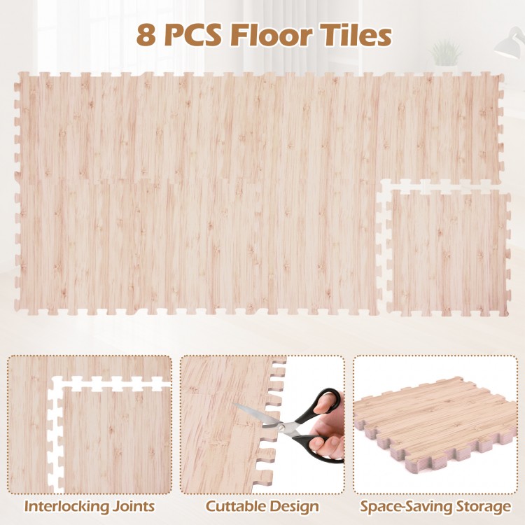 8 pieces of EVA foam floor tiles with wood texture, featuring interlocking joints and cuttable design for customizable.
