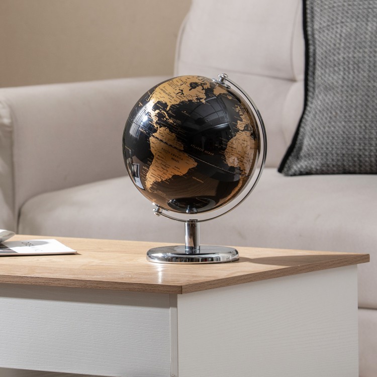 Modern 8" decorative globe with a polished black and gold finish, perfect for elegant tabletop display in any space.
