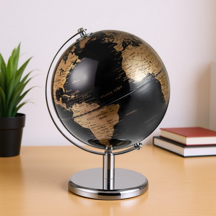 Modern 8" decorative tabletop globe with polished black and gold finish, perfect for home or office display.
