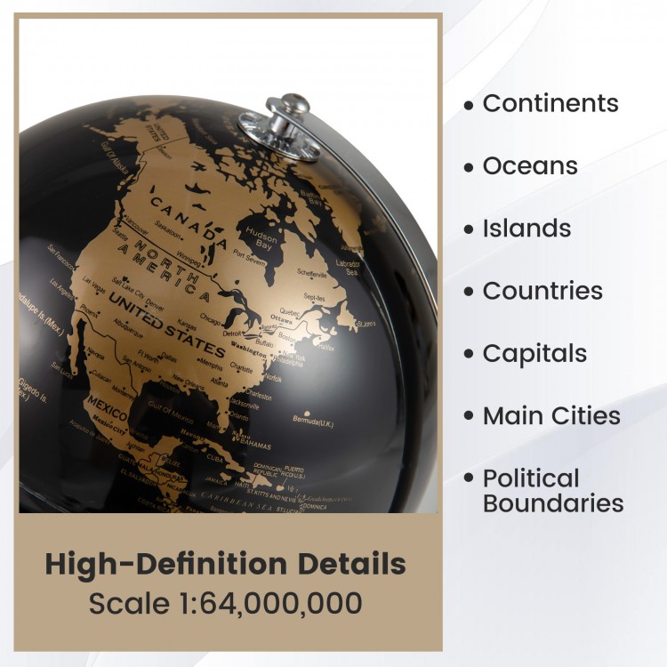 8" modern decorative tabletop globe featuring detailed geographic features and a polished black and golden finish for.