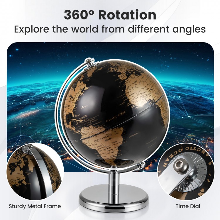 8" modern decorative tabletop globe with a polished black and gold finish, featuring 360° rotation for easy viewing.