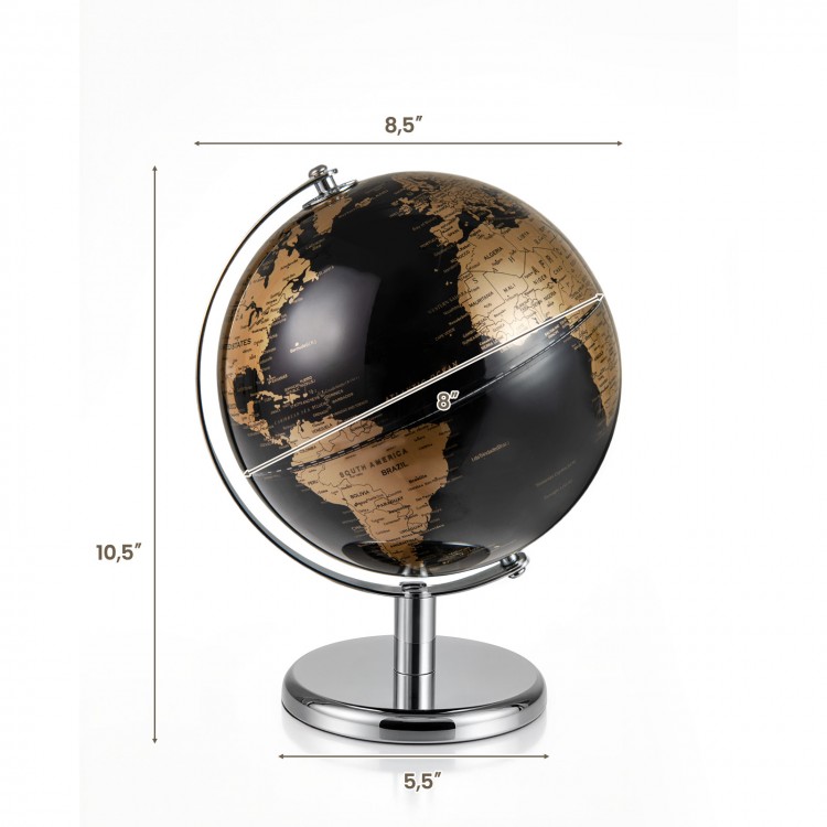 Modern 8" world globe with a polished black and gold finish, perfect for desktop decoration and easy viewing.