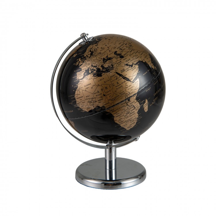 Modern 8" decorative world globe with golden finish and chrome base, perfect for desks or shelves.
