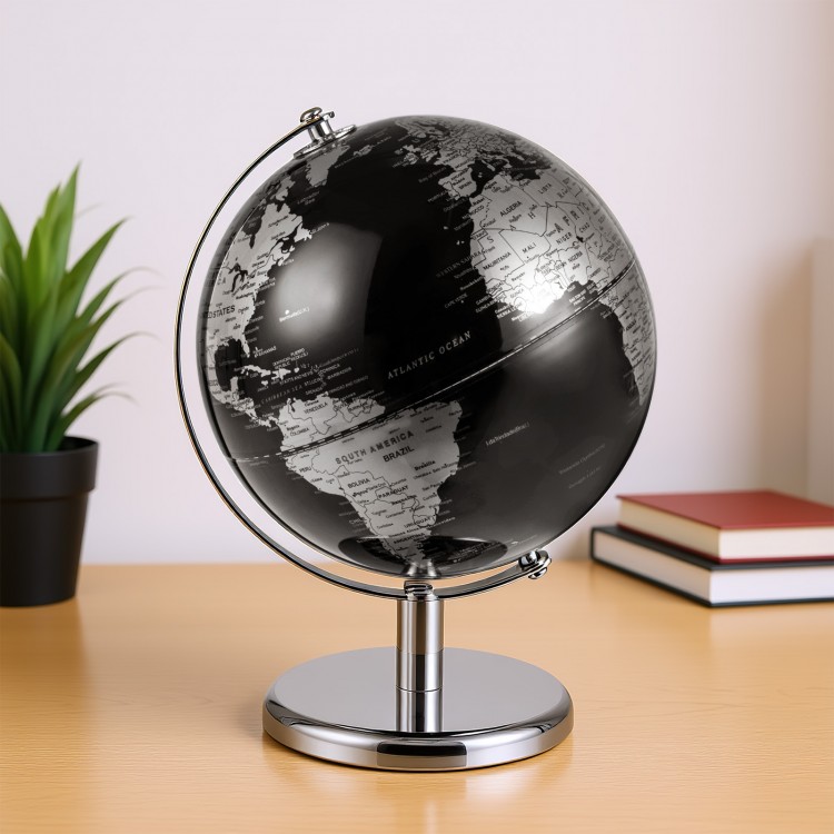 Modern 8" black and silver decorative tabletop globe with 360° rotation, perfect for home or office decor.