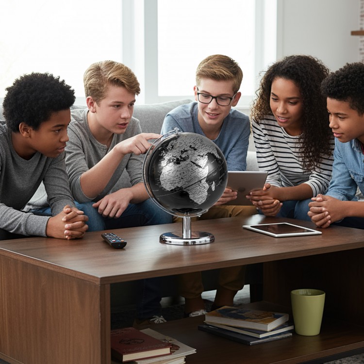 Modern 8" decorative tabletop globe with silver finish, showcasing detailed geography, perfect for home or office use.
