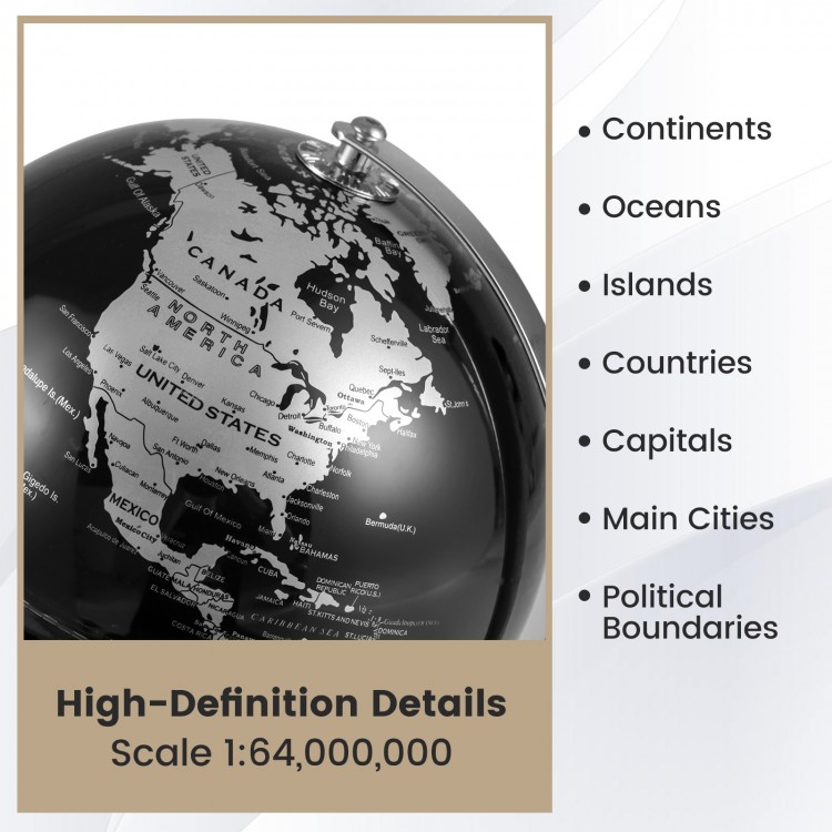 8" modern decorative tabletop globe with polished black and silver finish, featuring detailed geographic features and.