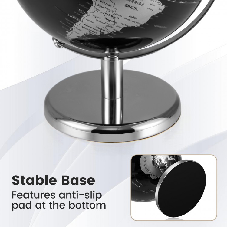 Stable base of the 8" world globe with anti-slip pad, featuring a polished silver finish for elegant tabletop display.