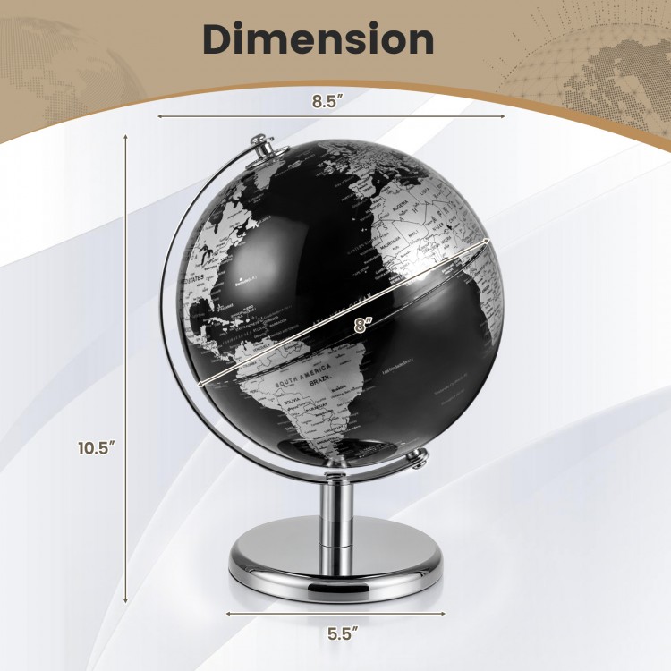 Modern 8" decorative tabletop globe in polished black and silver, showcasing detailed geography and 360° rotation.