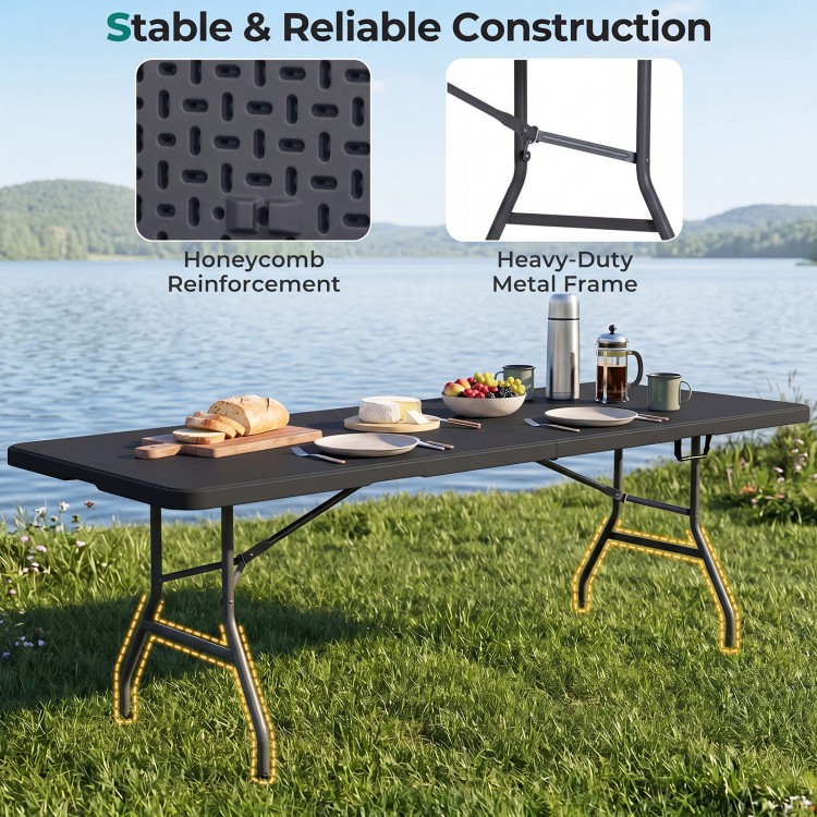 Portable 8 ft folding table with weatherproof HDPE tabletop and heavy-duty metal frame, ideal for outdoor gatherings.