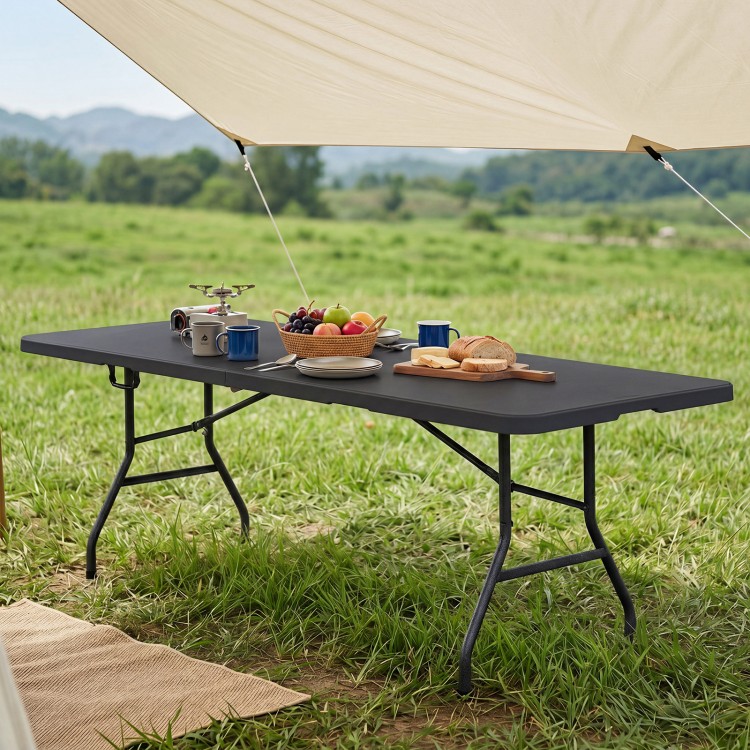 Portable 8 ft folding table with a weatherproof HDPE tabletop, ideal for picnics and camping, supports up to 350 lbs.