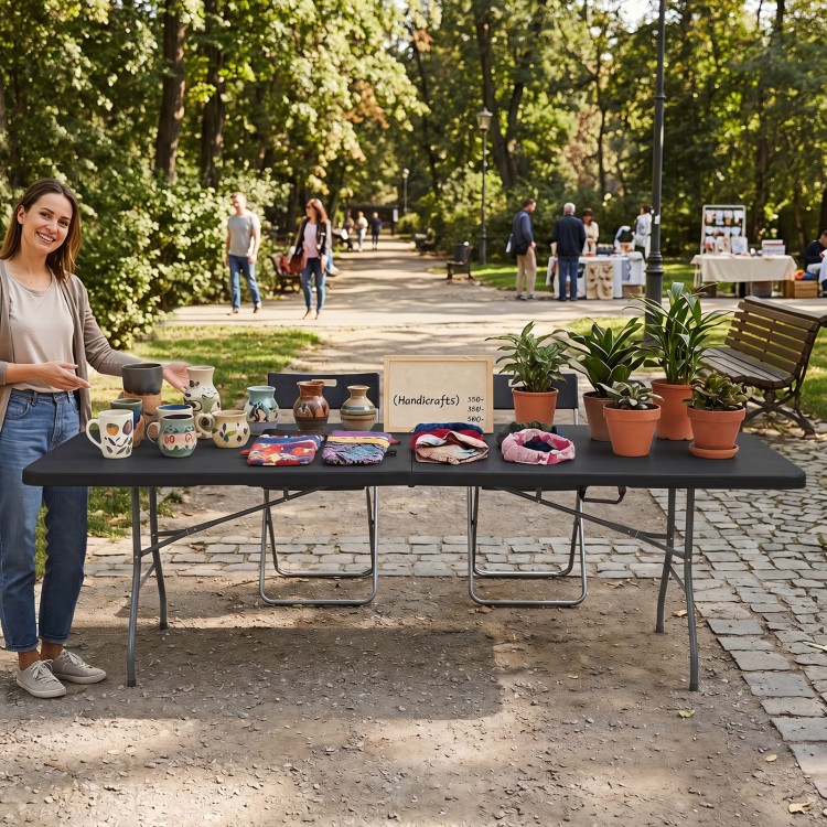 Portable 8 ft folding table with a weatherproof HDPE tabletop, ideal for outdoor events and gatherings.