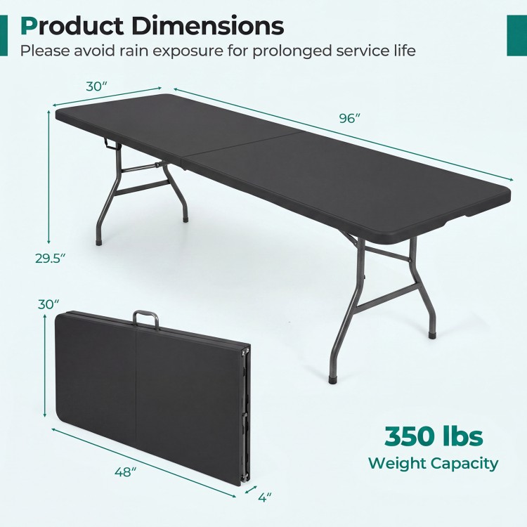 Portable 8 ft folding table with HDPE tabletop, 350 lbs capacity, ideal for picnics and camping, features a convenient carrying handle.
