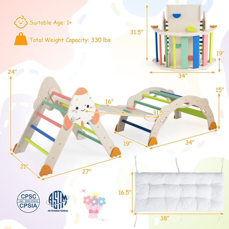 Foldable 8-in-1 climbing toys for toddlers featuring multicolor beech wood design, ideal for indoor play and skill development.