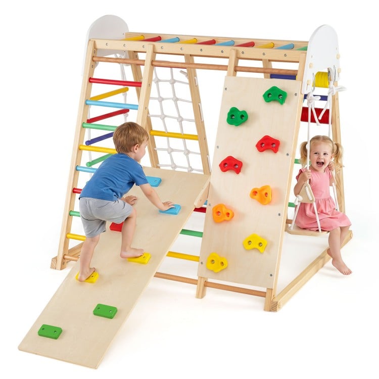 Colorful 8-in-1 foldable indoor jungle gym features a swing, climbing wall, and slide for active play and skill development.