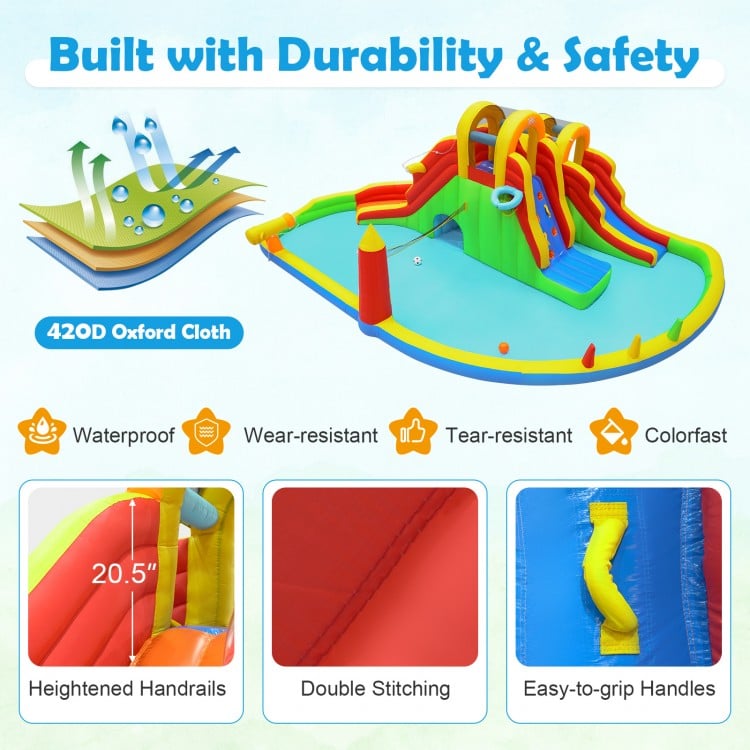 Giant bounce house with two long slides, climbing walls, and splash pool, made of waterproof 420D Oxford cloth for yard.