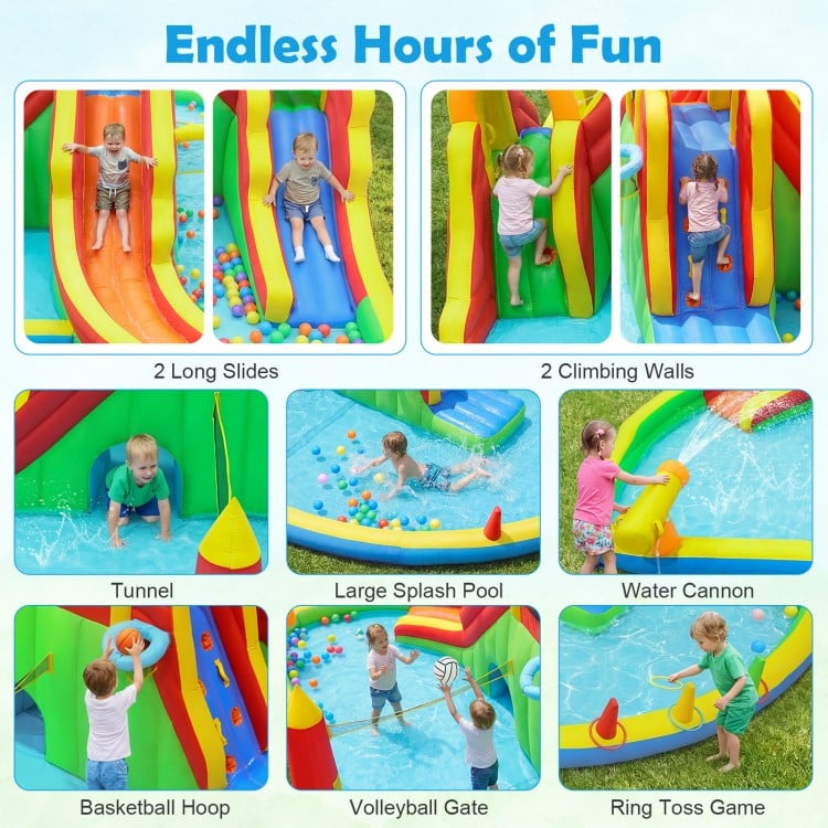 Giant bounce house with 2 long slides, climbing walls, and large splash pool for yard parties and family fun.