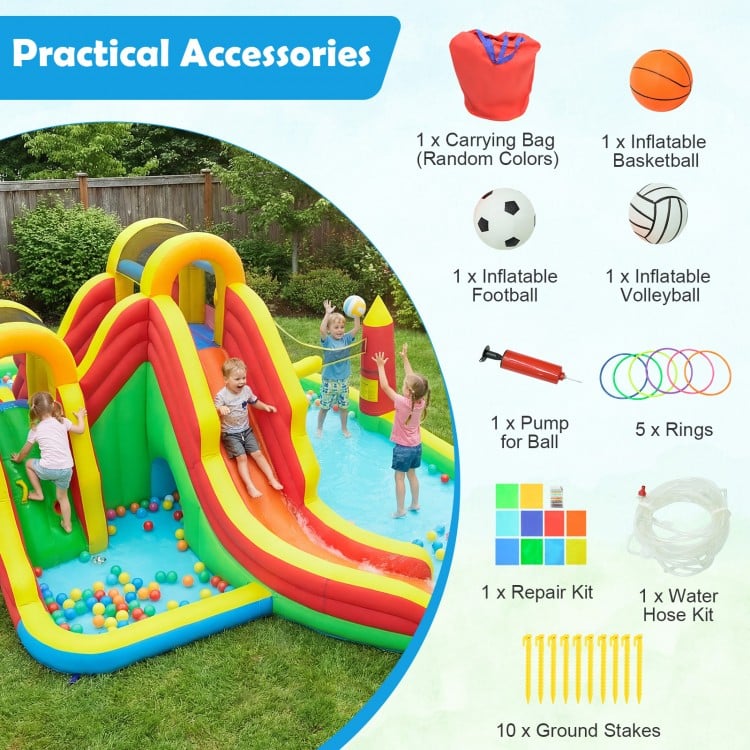 Giant bounce house with two long slides, climbing walls, and splash pool, perfect for yard parties and family.