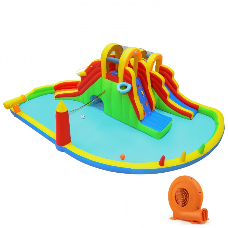 Giant bounce house with two long slides, splash pool, and games, made of waterproof 420D Oxford cloth for yard parties.