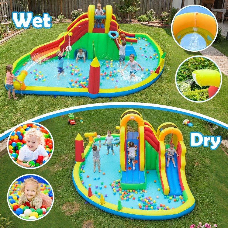 Giant bounce house with two slides, splash pool, and games for kids' outdoor fun at yard parties and gatherings.