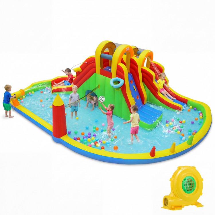 Giant bounce house with two long slides, splash pool, and games for kids' outdoor fun at yard parties.