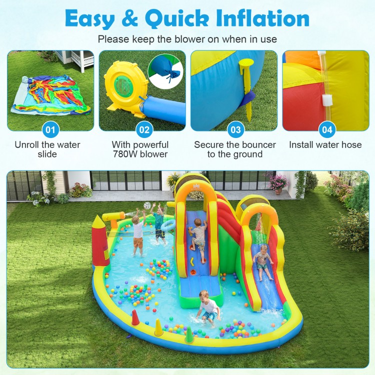 Giant bounce house with two long slides, splash pool, and 780W blower, perfect for yard parties and family gatherings.