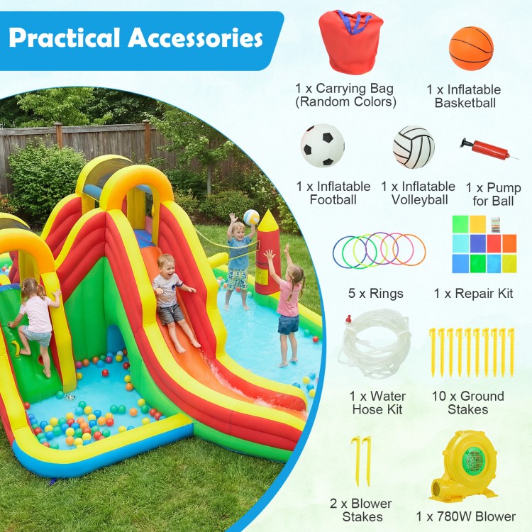 Giant bounce house with two long slides, splash pool, and accessories for yard parties and family gatherings.