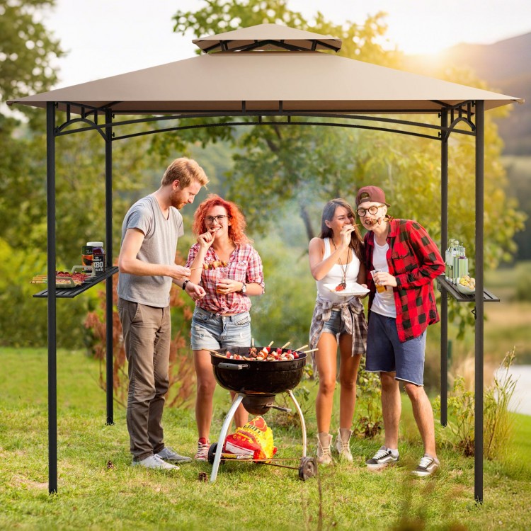 Grill gazebo with rustic brown metal frame, featuring two shelves and six hooks, perfect for outdoor cooking gatherings.