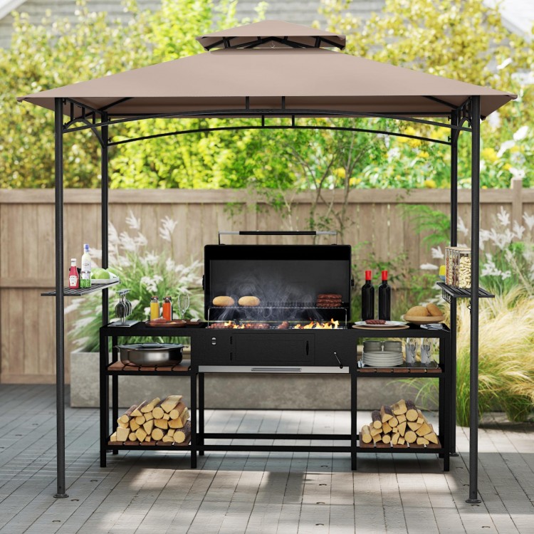 Grill gazebo with a rustic brown polyester canopy, featuring two shelves and six hooks for organized cooking.