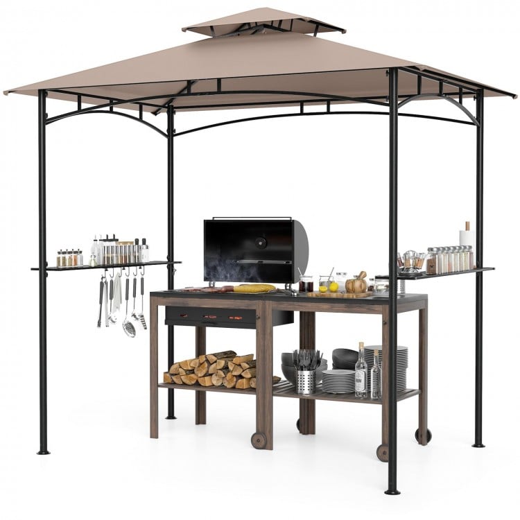 Grill gazebo with a rustic brown metal frame, featuring a polyester canopy, 2 shelves, and 6 hooks for outdoor cooking.