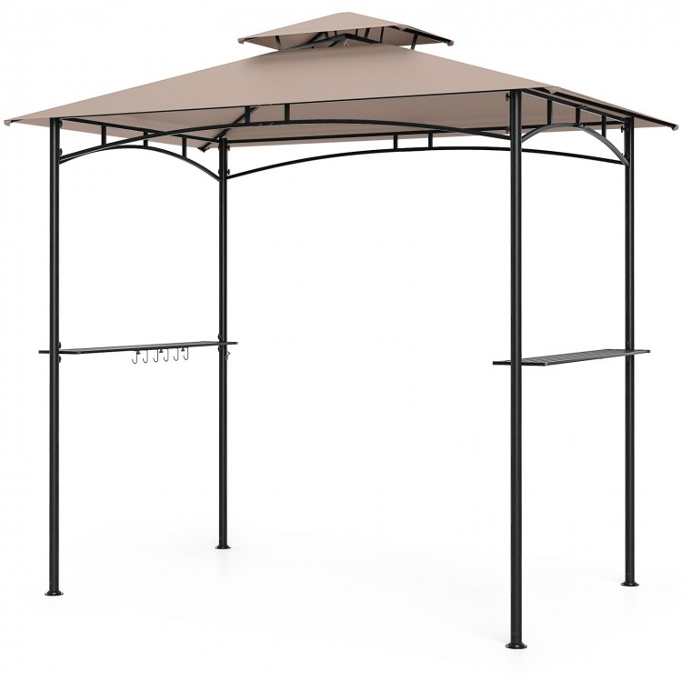 Grill gazebo with rustic brown metal frame, double-tiered roof, 2 shelves, and 6 hooks for outdoor cooking convenience.