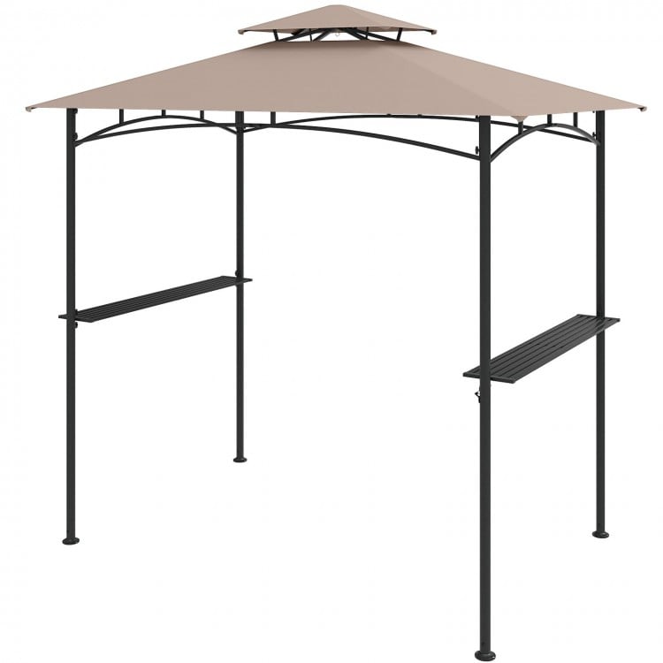 Grill gazebo with a rustic brown polyester canopy, metal frame, two shelves, and six hooks for outdoor cooking.