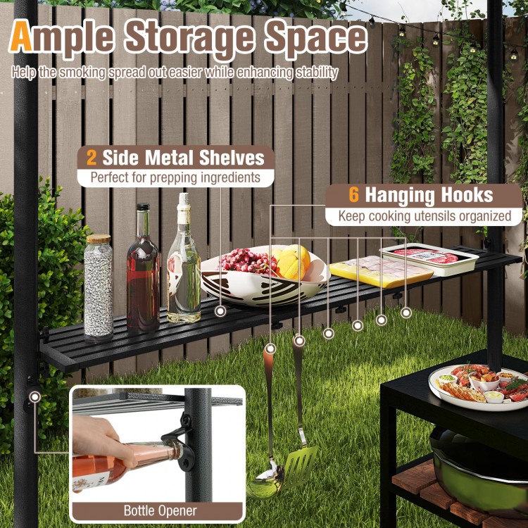 Grill gazebo featuring 2 metal shelves and 6 hooks, ideal for organizing cooking utensils and prepping ingredients.