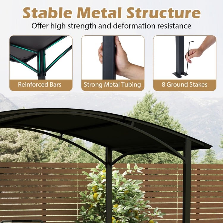 Stable metal frame of the 8 x 5 x 7 FT grill gazebo with reinforced bars and ground stakes for secure outdoor setup.