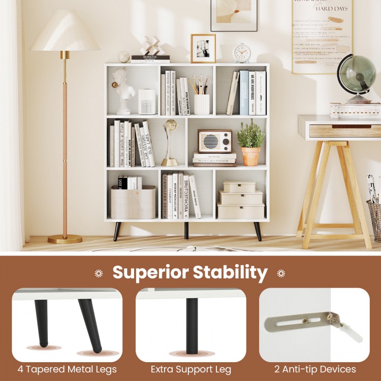 8-cube bookcase with 5 tapered metal legs in white, featuring anti-tip devices for enhanced stability and easy cleaning.