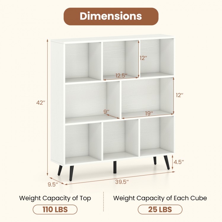 8-cube bookcase in white with tapered metal legs, featuring dimensions and weight capacity details for versatile.