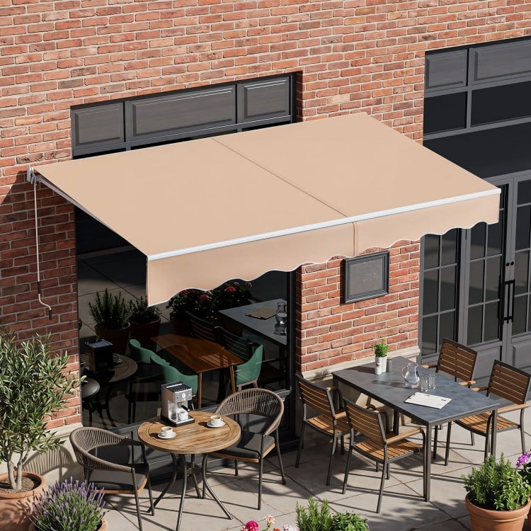 Retractable 8FT × 6.5FT aluminum patio sun awning in beige enhances outdoor seating areas while providing effective sun protection.