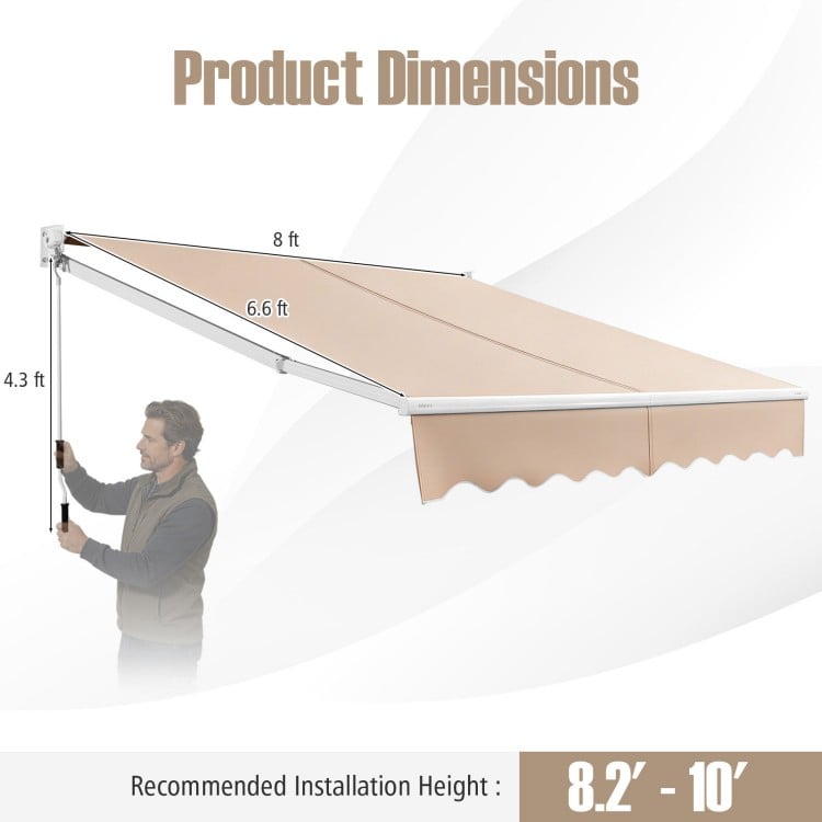 Retractable 8FT × 6.5FT aluminum patio sun awning in beige with adjustable angle and long hand crank for easy use.