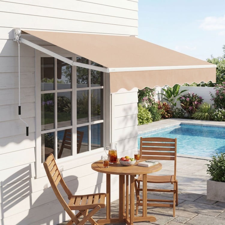 Retractable 8FT × 6.5FT aluminum patio sun awning in beige provides adjustable shade for outdoor spaces and easy installation.