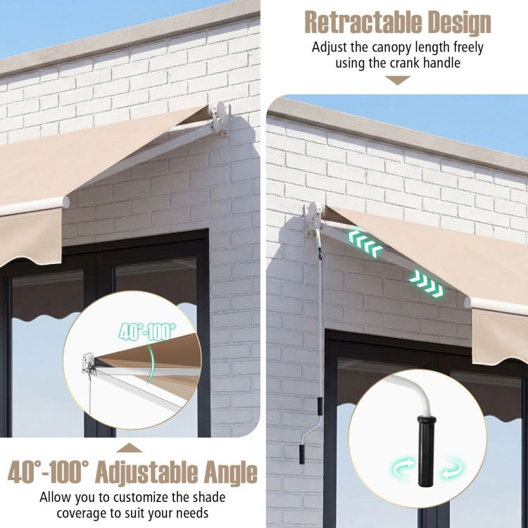 Retractable 8FT × 6.5FT aluminum patio sun awning in beige with adjustable angle from 40-100 degrees for optimal shade.